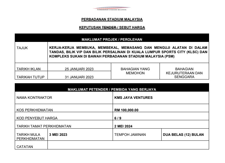 KERJA-KERJA MEMBUKA, MEMBEKAL, MEMASANG DAN MENGUJI ALATAN DI DALAM TANDAS, BILIK VIP DAN BILIK PERSALINAN DI KUALA LUMPUR SPORTS CITY (KLSC) DAN KOMPLEKS SUKAN DI BAWAH PERBADANAN STADIUM MALAYSIA (PSM)